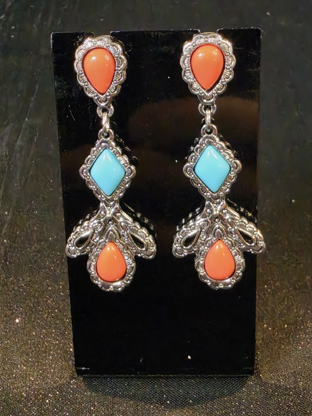 Vintage 1993 Avon American Spirit Earrings Antiquated Silver Turquoise Coral